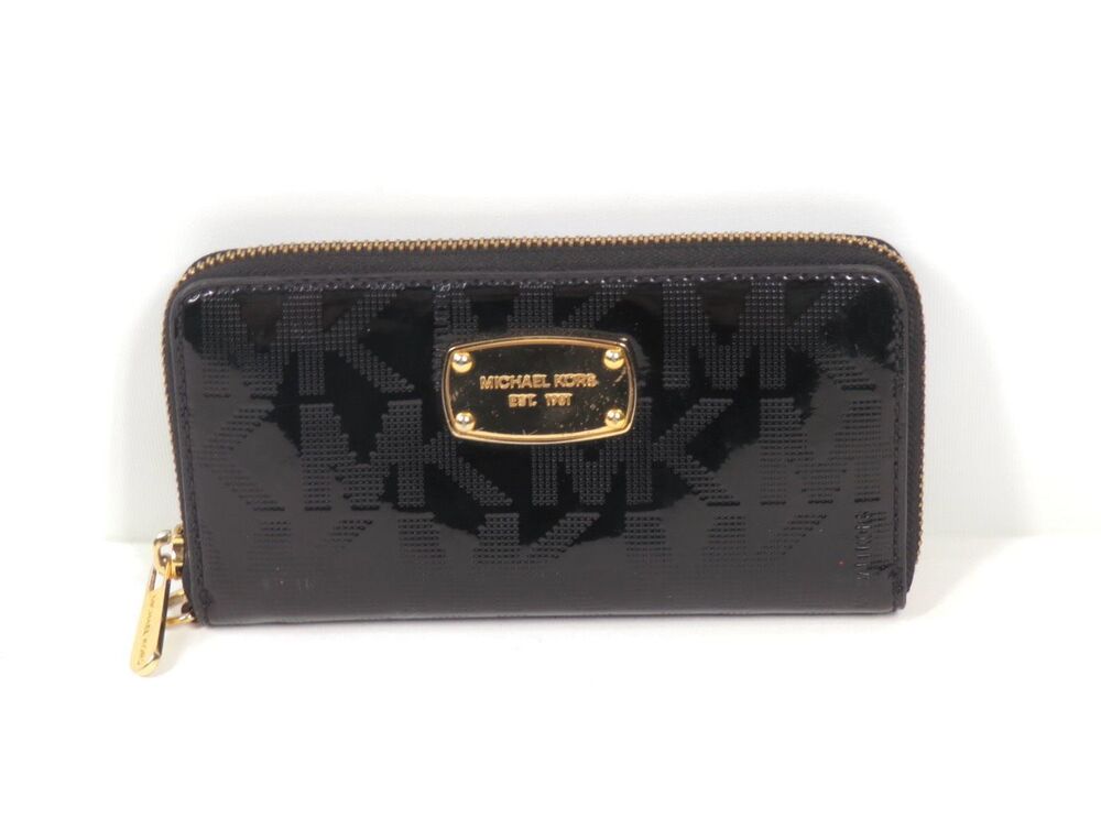 Michael Kors MK Jet Set Travel Continental Zip Around Wallet BLACK Patented Leat